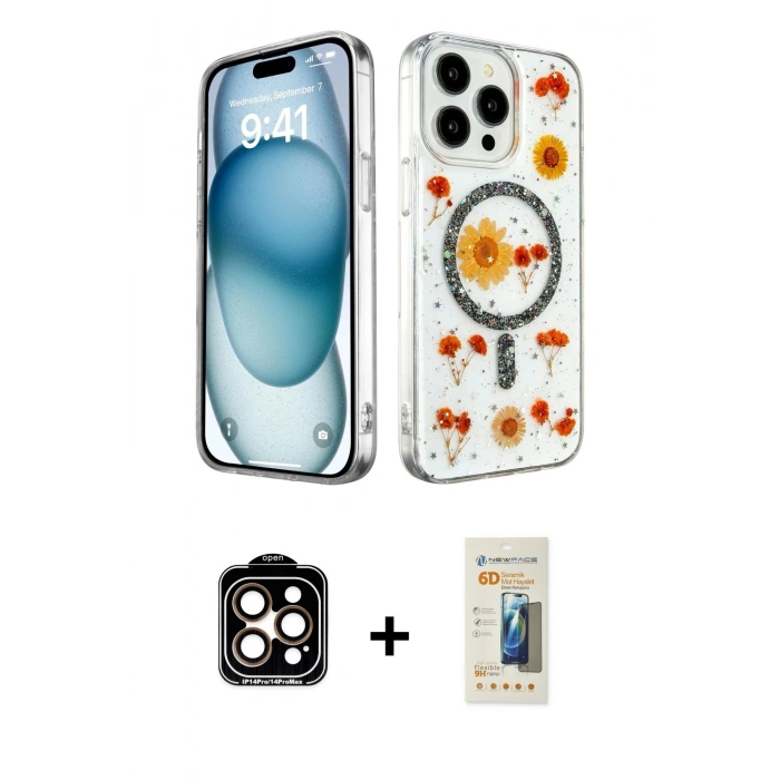 MARSİLYAN™- iPhone 14 Pro Max Kılıf Kozmos Doku - Siyah 6D Mat Seramik Hayalet Nano Ekran Koruyucu + PVD Metal Kamera Lens - TU