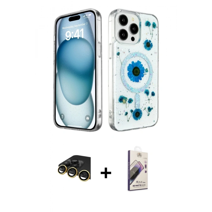 MARSİLYAN™- iPhone 14 Pro Max Kılıf Kozmos Doku - Siyah Bilvis 3D Mat Cam Ekran Koruyucu + Raze Metal Kamera Lens - GD