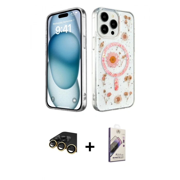 MARSİLYAN™- iPhone 14 Pro Max Kılıf Kozmos Doku - Siyah Bilvis 3D Mat Cam Ekran Koruyucu + Raze Metal Kamera Lens - GD