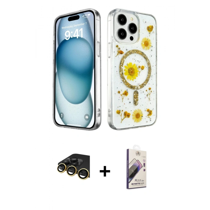 MARSİLYAN™- iPhone 14 Pro Max Kılıf Kozmos Doku - Siyah Bilvis 3D Mat Cam Ekran Koruyucu + Raze Metal Kamera Lens - GD