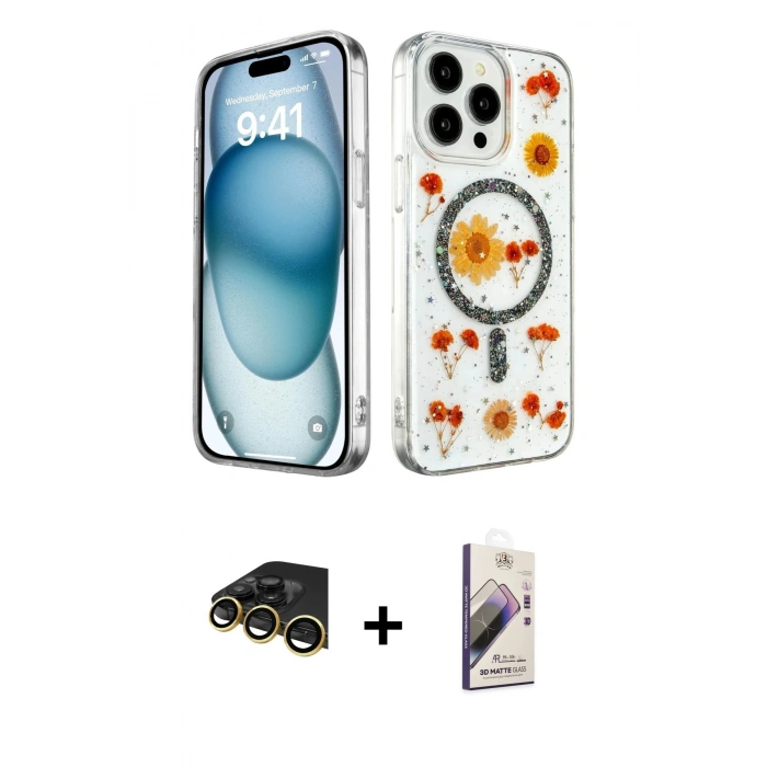 MARSİLYAN™- iPhone 14 Pro Max Kılıf Kozmos Doku - Siyah Bilvis 3D Mat Cam Ekran Koruyucu + Raze Metal Kamera Lens - GD