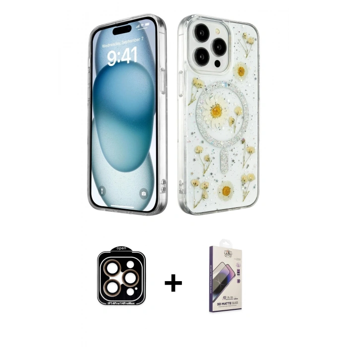 MARSİLYAN™- iPhone 14 Pro Max Kılıf Kozmos Doku - Siyah Bilvis 3D Mat Cam Ekran Koruyucu + PVD Metal Kamera Lens - TU