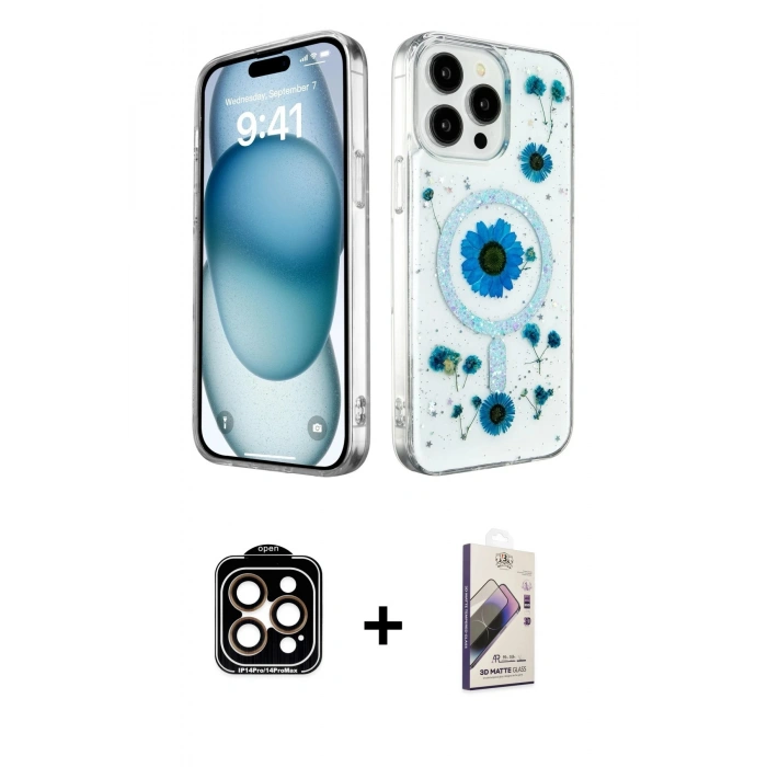 MARSİLYAN™- iPhone 14 Pro Max Kılıf Kozmos Doku - Siyah Bilvis 3D Mat Cam Ekran Koruyucu + PVD Metal Kamera Lens - TU