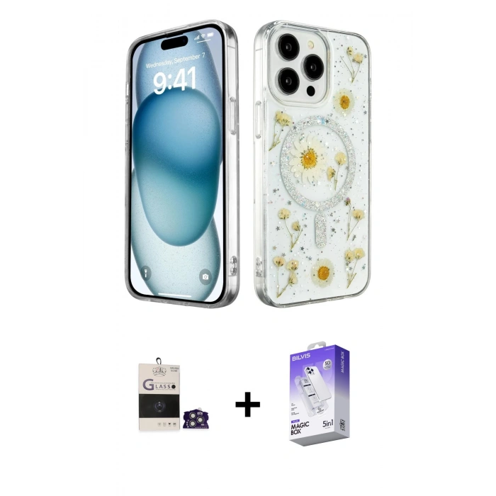 MARSİLYAN™- iPhone 14 Pro Max Kılıf Kozmos Doku - Siyah Bilvis 5in1 3D Magic Cam Ekran Koruyucu + Bilvis Titan Kamera Lens - GS
