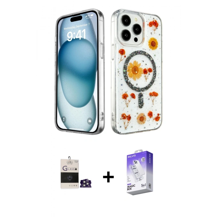 MARSİLYAN™- iPhone 14 Pro Max Kılıf Kozmos Doku - Siyah Bilvis 5in1 3D Magic Cam Ekran Koruyucu + Bilvis Titan Kamera Lens - GS