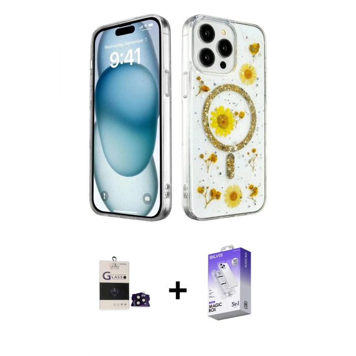 MARSİLYAN™- iPhone 14 Pro Max Kılıf Kozmos Doku - Siyah Bilvis 5in1 3D Magic Cam Ekran Koruyucu + Bilvis Titan Kamera Lens - SH