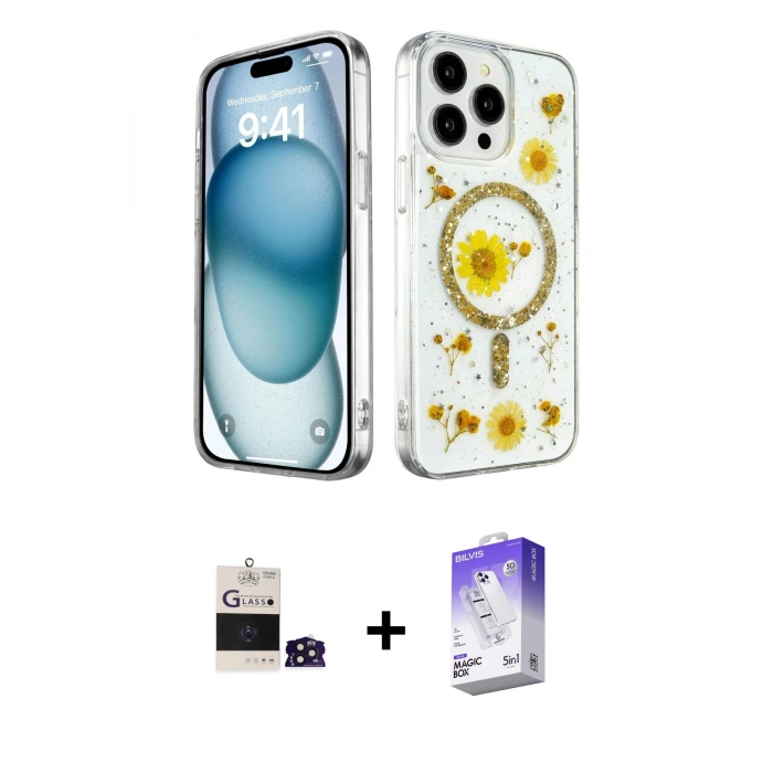 MARSİLYAN™- iPhone 14 Pro Max Kılıf Kozmos Doku - Siyah Bilvis 5in1 3D Magic Cam Ekran Koruyucu + Bilvis Titan Kamera Lens - DNMR