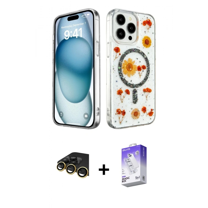 MARSİLYAN™- iPhone 14 Pro Max Kılıf Kozmos Doku - Siyah Bilvis 5in1 3D Magic Cam Ekran Koruyucu + Raze Metal Kamera Lens - GD
