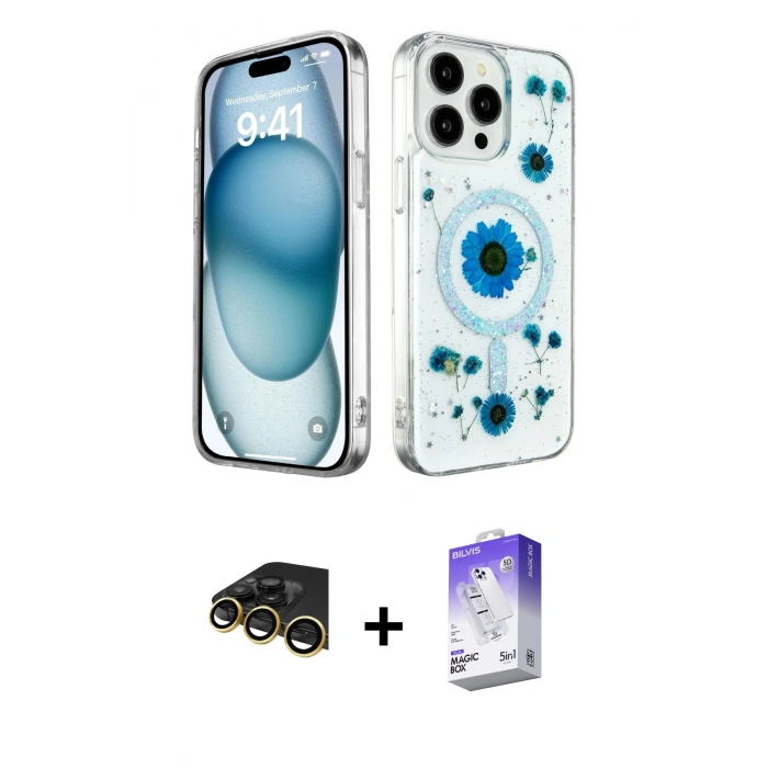 MARSİLYAN™- iPhone 14 Pro Max Kılıf Kozmos Doku - Siyah Bilvis 5in1 3D Magic Cam Ekran Koruyucu + Raze Metal Kamera Lens - GD