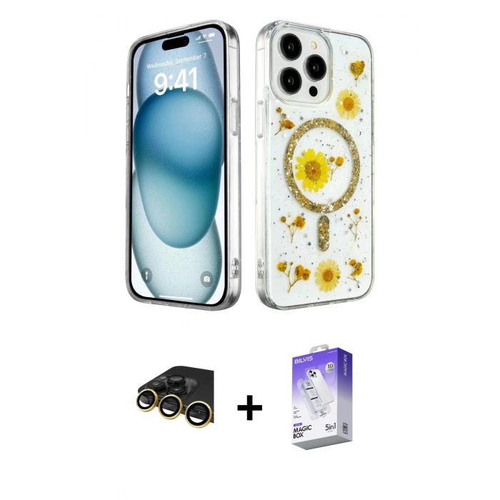 MARSİLYAN™- iPhone 14 Pro Max Kılıf Kozmos Doku - Siyah Bilvis 5in1 3D Magic Cam Ekran Koruyucu + Raze Metal Kamera Lens - GD