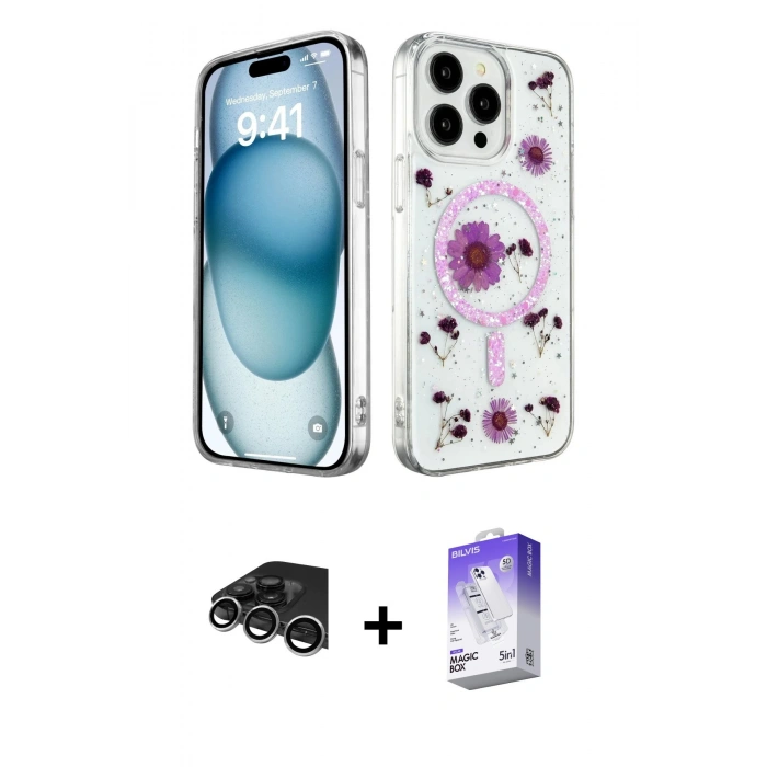 MARSİLYAN™- iPhone 14 Pro Max Kılıf Kozmos Doku - Siyah Bilvis 5in1 3D Magic Cam Ekran Koruyucu + Raze Metal Kamera Lens - GS