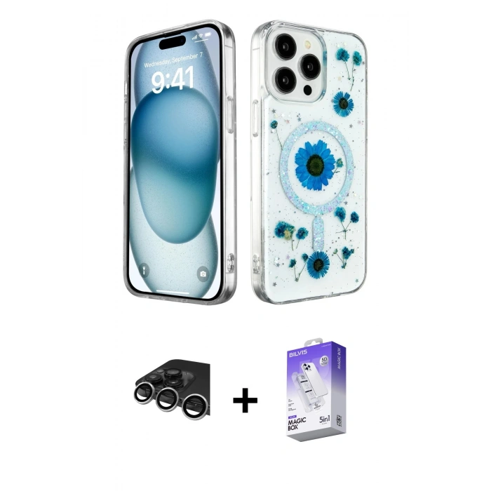 MARSİLYAN™- iPhone 14 Pro Max Kılıf Kozmos Doku - Siyah Bilvis 5in1 3D Magic Cam Ekran Koruyucu + Raze Metal Kamera Lens - GS
