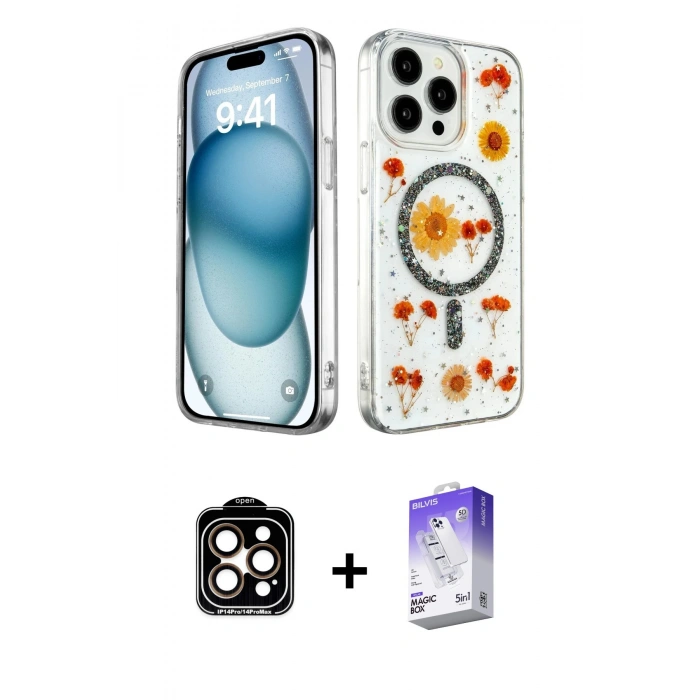 MARSİLYAN™- iPhone 14 Pro Max Kılıf Kozmos Doku - Siyah Bilvis 5in1 3D Magic Cam Ekran Koruyucu + PVD Metal Kamera Lens - TU