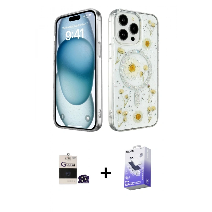 MARSİLYAN™- iPhone 14 Pro Max Kılıf Kozmos Doku - Siyah Bilvis 5in1 5D Magic Hayalet Cam Ekran Koruyucu + Bilvis Titan Kamera Lens - DNMR