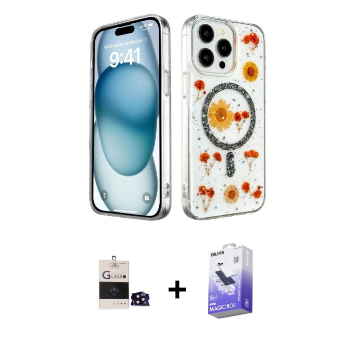 MARSİLYAN™- iPhone 14 Pro Max Kılıf Kozmos Doku - Siyah Bilvis 5in1 5D Magic Hayalet Cam Ekran Koruyucu + Bilvis Titan Kamera Lens - SH