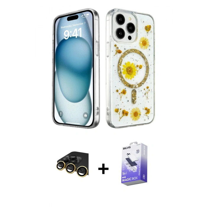 MARSİLYAN™- iPhone 14 Pro Max Kılıf Kozmos Doku - Siyah Bilvis 5in1 5D Magic Hayalet Cam Ekran Koruyucu + Raze Metal Kamera Lens - GD