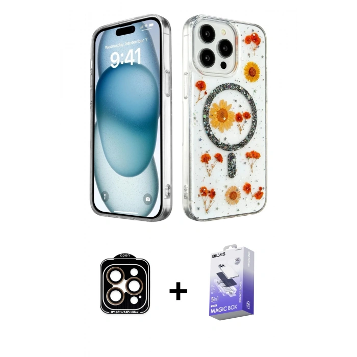MARSİLYAN™- iPhone 14 Pro Max Kılıf Kozmos Doku - Siyah Bilvis 5in1 5D Magic Hayalet Cam Ekran Koruyucu + PVD Metal Kamera Lens - TU