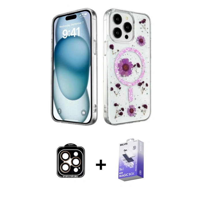 MARSİLYAN™- iPhone 14 Pro Max Kılıf Kozmos Doku - Siyah Bilvis 5in1 5D Magic Hayalet Cam Ekran Koruyucu + Turuncu PVD Metal Kamera Lens
