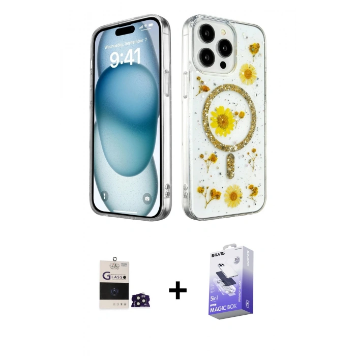 MARSİLYAN™- iPhone 14 Pro Max Kılıf Kozmos Doku - Siyah Bilvis 5in1 5D Magic Hayalet Cam Ekran Koruyucu + Bilvis Titan Kamera Lens - DNMR