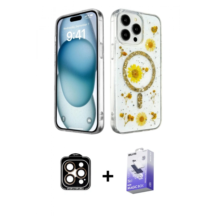 MARSİLYAN™- iPhone 14 Pro Max Kılıf Kozmos Doku - Siyah Bilvis 5in1 5D Magic Hayalet Cam Ekran Koruyucu + Turuncu PVD Metal Kamera Lens