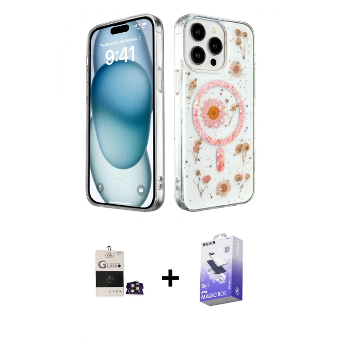 MARSİLYAN™- iPhone 14 Pro Max Kılıf Kozmos Doku - Siyah Bilvis 5in1 5D Magic Hayalet Cam Ekran Koruyucu + Bilvis Titan Kamera Lens - GD