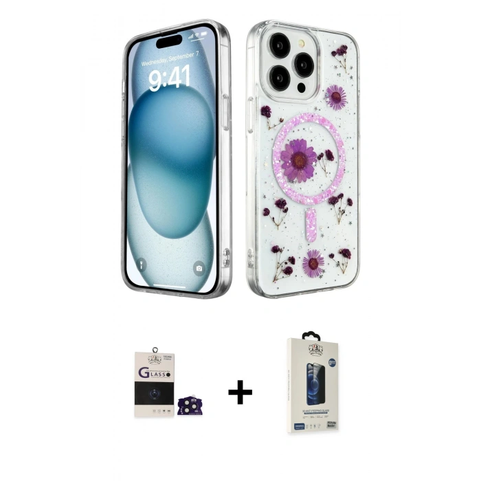 MARSİLYAN™- iPhone 14 Pro Max Kılıf Kozmos Doku - Siyah Bilvis Hayalet Cam Ekran Koruyucu + Bilvis Titan Kamera Lens - DNMR