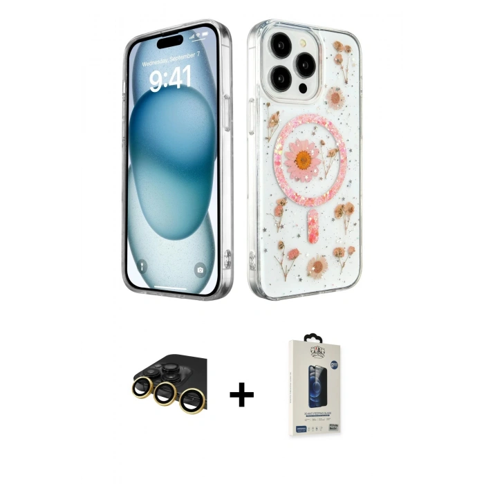 MARSİLYAN™- iPhone 14 Pro Max Kılıf Kozmos Doku - Siyah Bilvis Hayalet Cam Ekran Koruyucu + Raze Metal Kamera Lens - GD