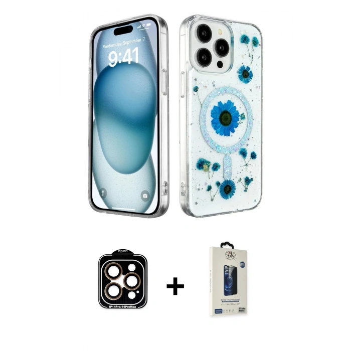 MARSİLYAN™- iPhone 14 Pro Max Kılıf Kozmos Doku - Siyah Bilvis Hayalet Cam Ekran Koruyucu + PVD Metal Kamera Lens - TU