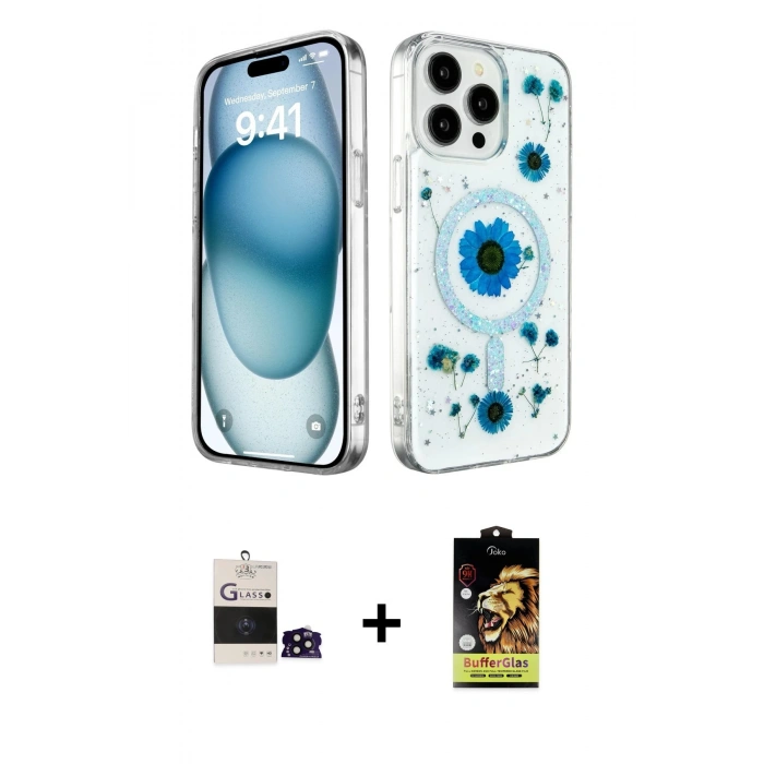 MARSİLYAN™- iPhone 14 Pro Max Kılıf Kozmos Doku - Siyah Buffer Cam Ekran Koruyucu + Siyah Bilvis Titan Kamera Lens