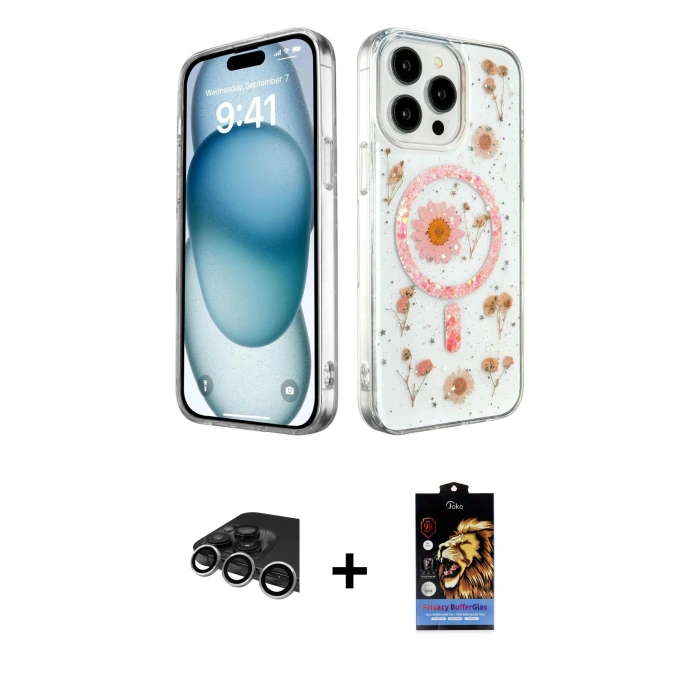 MARSİLYAN™- iPhone 14 Pro Max Kılıf Kozmos Doku - Siyah Buffer Hayalet Cam Ekran Koruyucu + Gümüş Raze Metal Kamera Lens