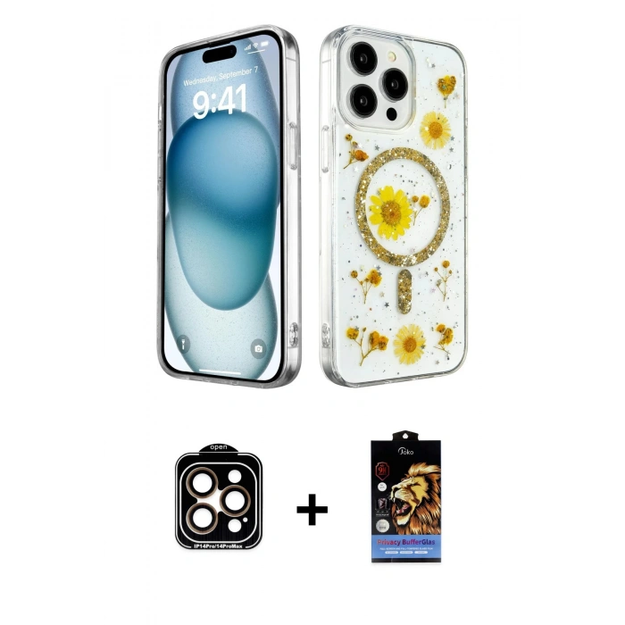 MARSİLYAN™- iPhone 14 Pro Max Kılıf Kozmos Doku - Siyah Buffer Hayalet Cam Ekran Koruyucu + PVD Metal Kamera Lens - TU