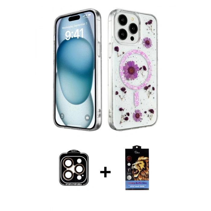 MARSİLYAN™- iPhone 14 Pro Max Kılıf Kozmos Doku - Siyah Buffer Hayalet Cam Ekran Koruyucu + PVD Metal Kamera Lens - TU