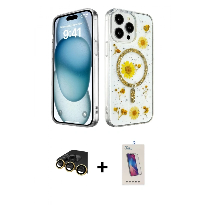 MARSİLYAN™- iPhone 14 Pro Max Kılıf Kozmos Doku - Siyah Joko 5D Cam + Gold Raze Metal Kamera Lens