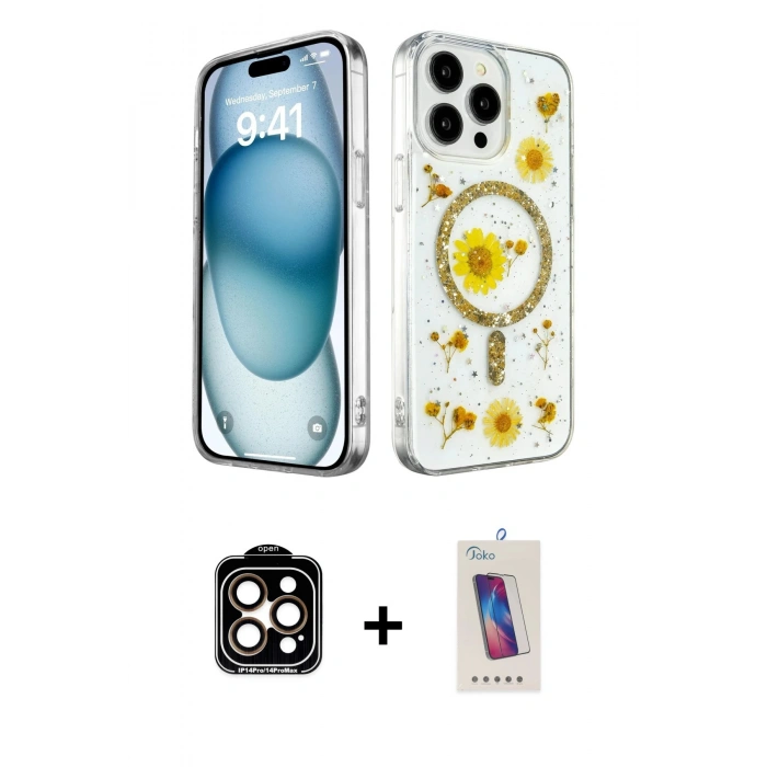 MARSİLYAN™- iPhone 14 Pro Max Kılıf Kozmos Doku - Siyah Joko 5D Cam + PVD Metal Kamera Lens - TU