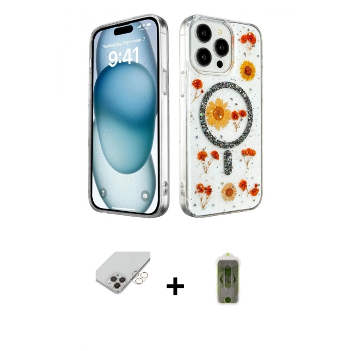 MARSİLYAN™- iPhone 14 Pro Max Kılıf Kozmos Doku - Siyah Joko Magic 5D Hayalet Cam + Gold Band Metal Kamera Lens