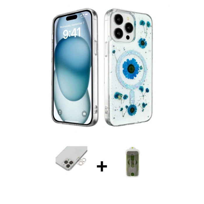 MARSİLYAN™- iPhone 14 Pro Max Kılıf Kozmos Doku - Siyah Joko Magic 5D Hayalet Cam + Gold Band Metal Kamera Lens