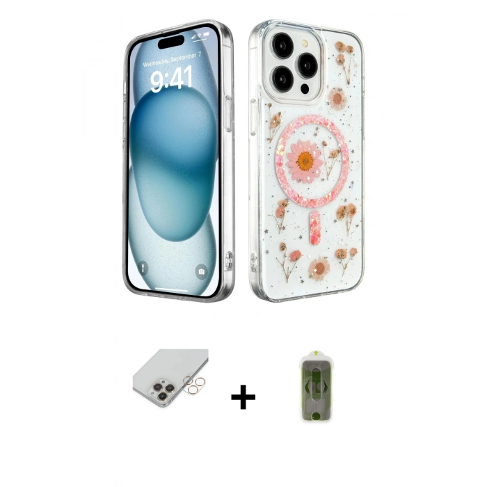 MARSİLYAN™- iPhone 14 Pro Max Kılıf Kozmos Doku - Siyah Joko Magic 5D Hayalet Cam + Gold Band Metal Kamera Lens