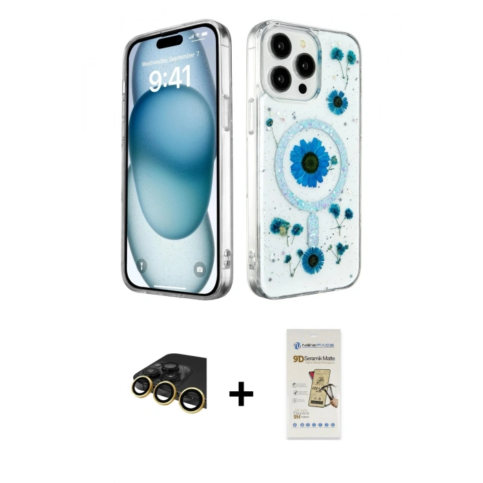MARSİLYAN™- iPhone 14 Pro Max Kılıf Kozmos Doku - Siyah Mat Seramik Nano Ekran Koruyucu + Raze Metal Kamera Lens - GD