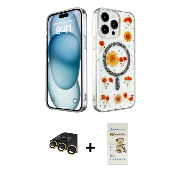 MARSİLYAN™- iPhone 14 Pro Max Kılıf Kozmos Doku - Siyah Mat Seramik Nano Ekran Koruyucu + Raze Metal Kamera Lens - GD