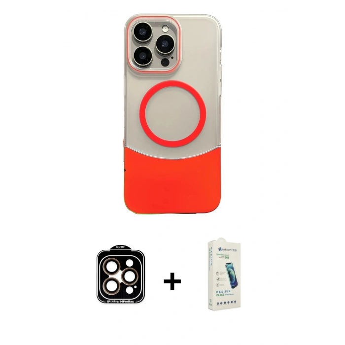 MARSİLYAN™- iPhone 14 Pro Max Kılıf Kozmos Form Özel Seri - Şeffaf Pasifik Cam Ekran Koruyucu + PVD Metal Kamera Lens - TU