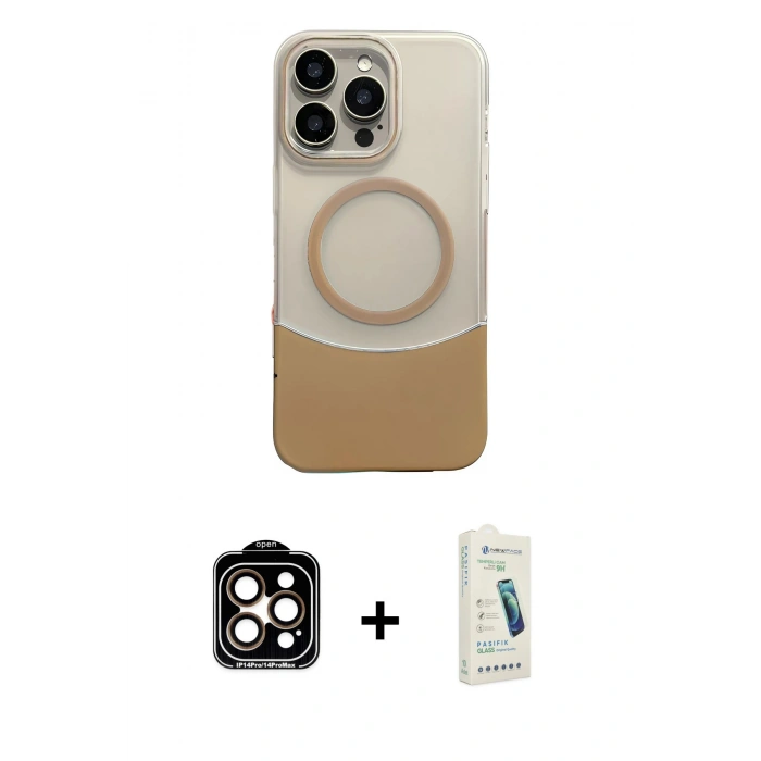 MARSİLYAN™- iPhone 14 Pro Max Kılıf Kozmos Form Özel Seri - Şeffaf Pasifik Cam Ekran Koruyucu + PVD Metal Kamera Lens - TU