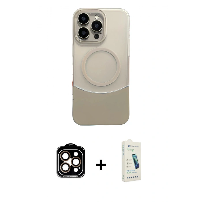 MARSİLYAN™- iPhone 14 Pro Max Kılıf Kozmos Form Özel Seri - Şeffaf Pasifik Cam Ekran Koruyucu + PVD Metal Kamera Lens - TU