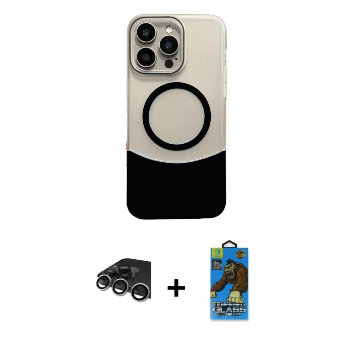 MARSİLYAN™- iPhone 14 Pro Max Kılıf Kozmos Form Özel Seri - Siyah 18D Cam Ekran Koruyucu + Gümüş Raze Metal Kamera Lens