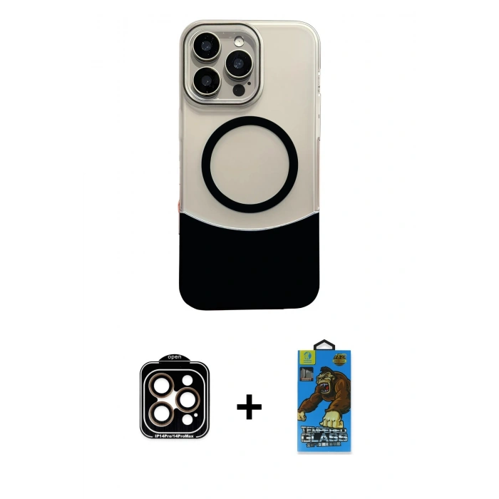 MARSİLYAN™- iPhone 14 Pro Max Kılıf Kozmos Form Özel Seri - Siyah 18D Cam Ekran Koruyucu + PVD Metal Kamera Lens - TU