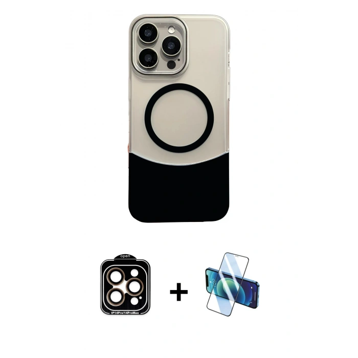 MARSİLYAN™- iPhone 14 Pro Max Kılıf Kozmos Form Özel Seri - Siyah 3D Antistatik Cam Ekran Koruyucu + PVD Metal Kamera Lens - TU
