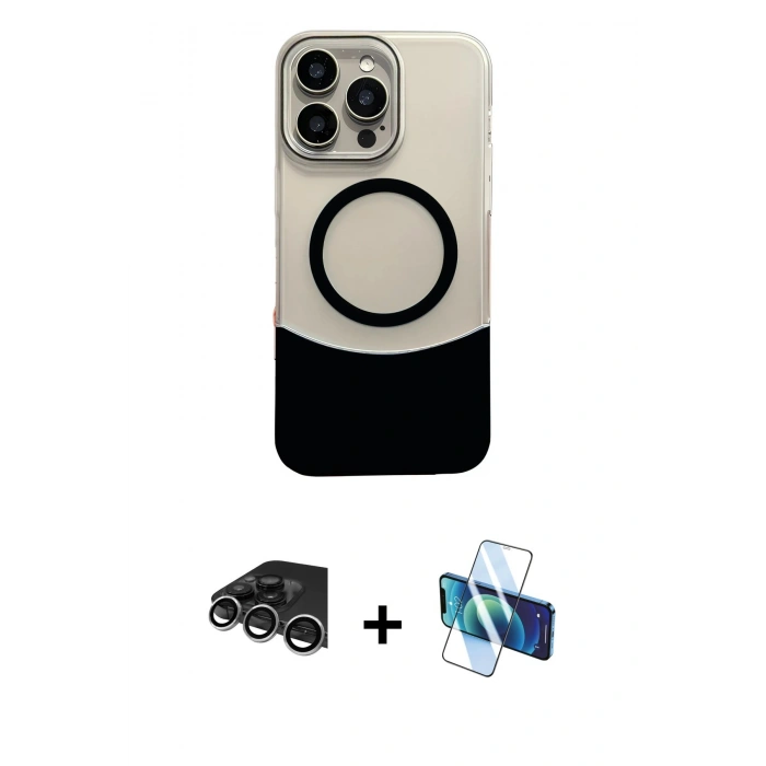 MARSİLYAN™- iPhone 14 Pro Max Kılıf Kozmos Form Özel Seri - Siyah 3D Antistatik Cam Ekran Koruyucu + Raze Metal Kamera Lens - GS
