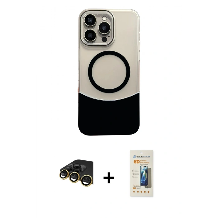 MARSİLYAN™- iPhone 14 Pro Max Kılıf Kozmos Form Özel Seri - Siyah 6D Mat Seramik Hayalet Nano Ekran Koruyucu + Gold Raze Metal Kamera Lens