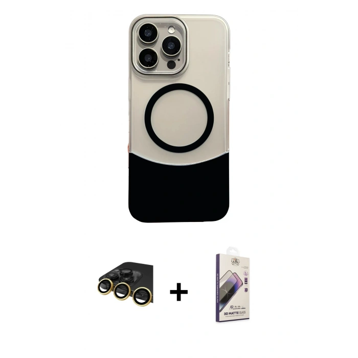 MARSİLYAN™- iPhone 14 Pro Max Kılıf Kozmos Form Özel Seri - Siyah Bilvis 3D Mat Cam Ekran Koruyucu + Gold Raze Metal Kamera Lens