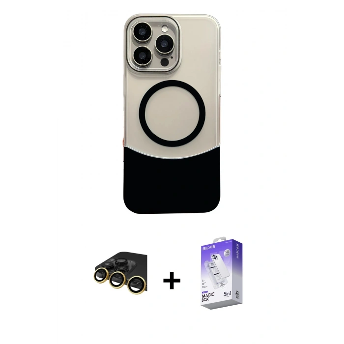 MARSİLYAN™- iPhone 14 Pro Max Kılıf Kozmos Form Özel Seri - Siyah Bilvis 5in1 3D Magic Cam Ekran Koruyucu + Raze Metal Kamera Lens - GD