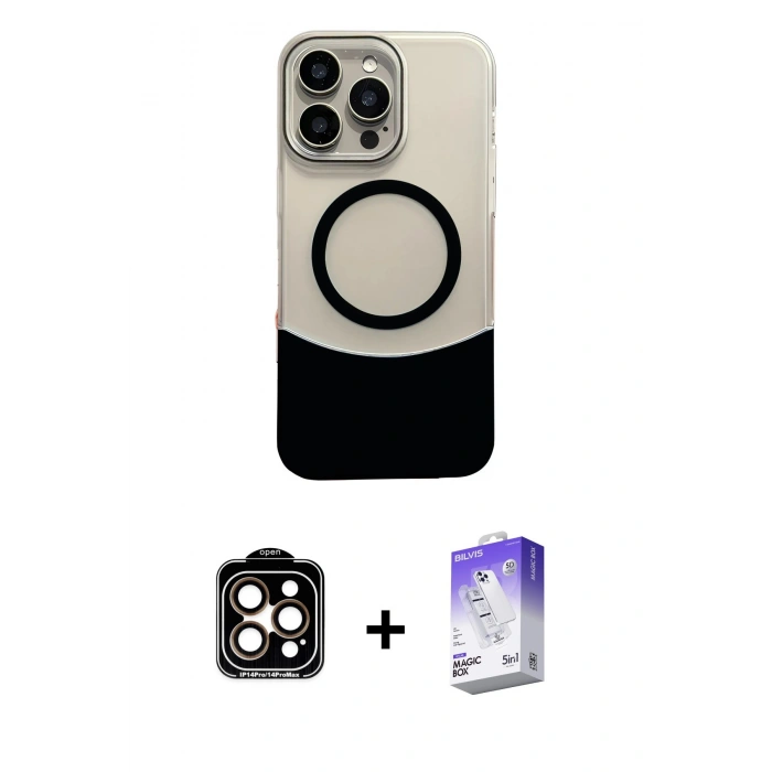 MARSİLYAN™- iPhone 14 Pro Max Kılıf Kozmos Form Özel Seri - Siyah Bilvis 5in1 3D Magic Cam Ekran Koruyucu + PVD Metal Kamera Lens - TU